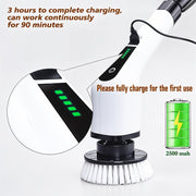 White electric scrubber with a round brush head, displaying a full battery charge indicator and charging details.