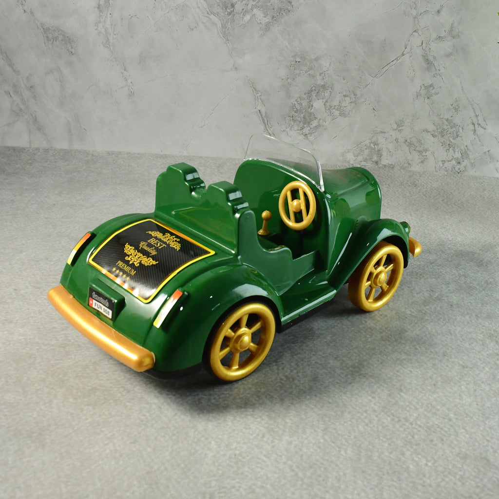 Side view of the Funwoods vintage friction car toy, highlighting smooth golden wheels