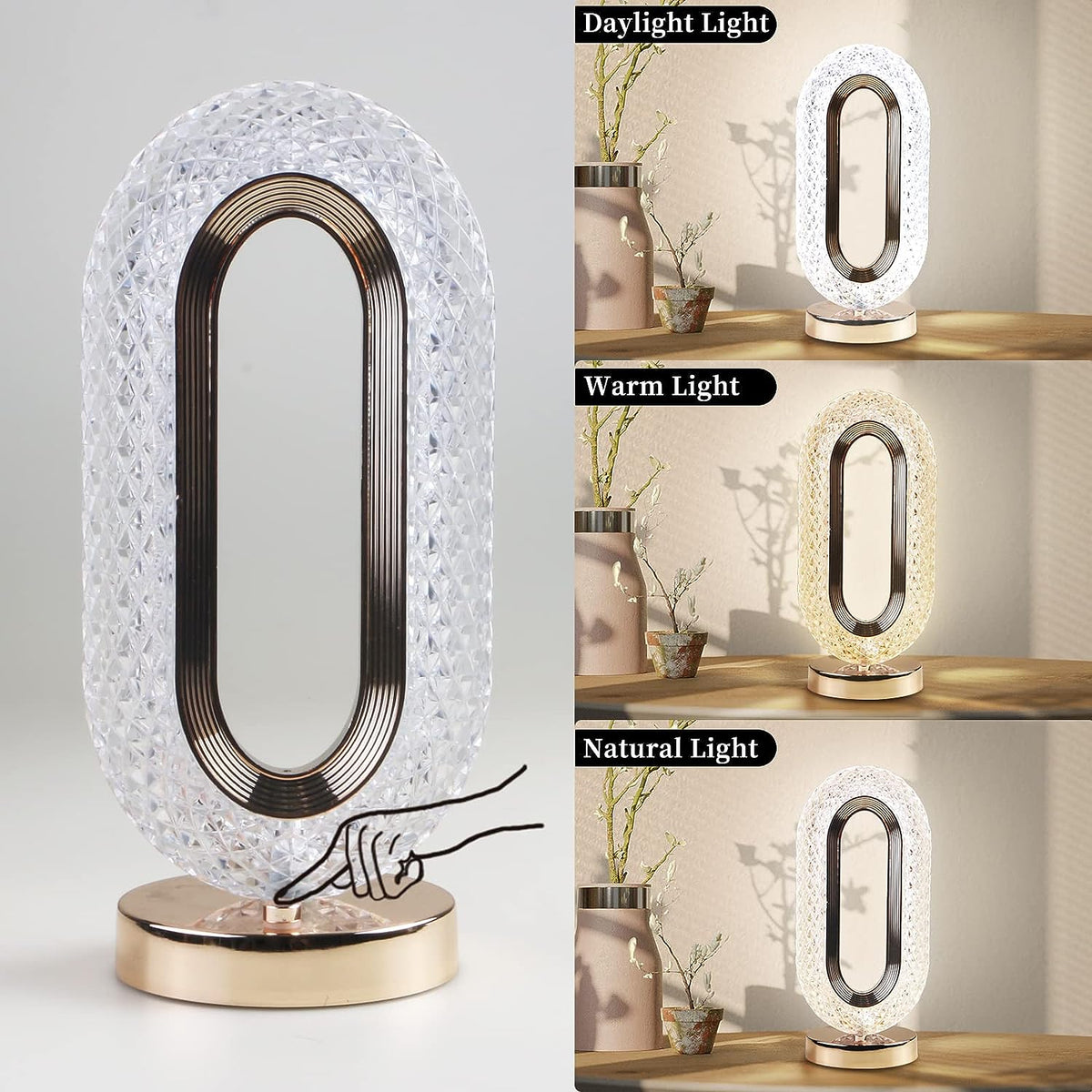 Close-up of the crystal lamp showing its touch control button