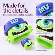 Close-up views of a green Mike Wazowski character charger cover, highlighting its matte surface, raised details, and shaped