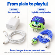 A comparison showing a plain white charger and cable next to a green Mike Wazowski character set with a blue cable protector.