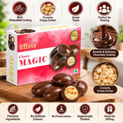 A box of chocolates with various product feature icons surrounding it, highlighting the smooth coating and crunchy center.