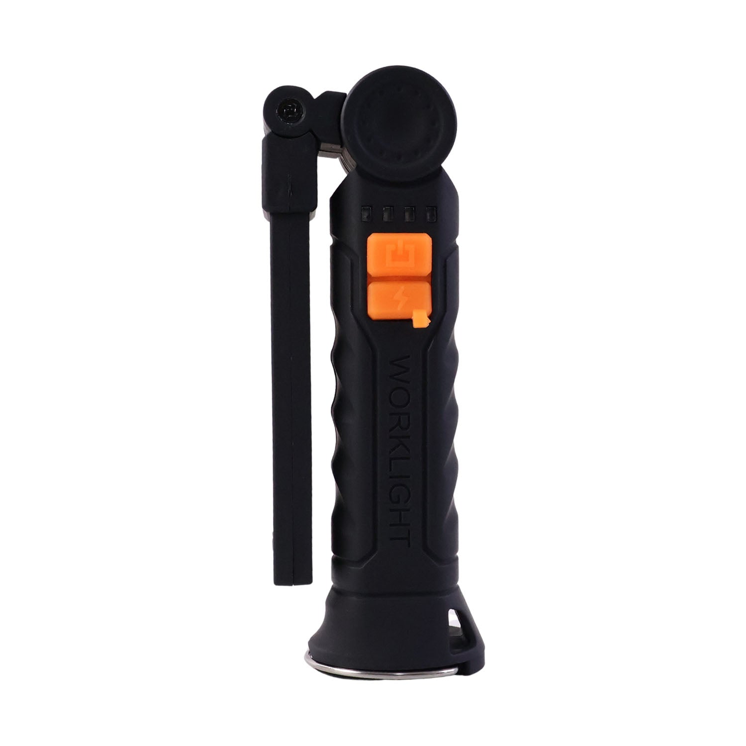 Magnetic base of rechargeable LED work light attached to metal surface
