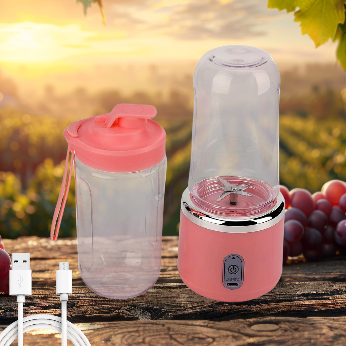 Hand holding a portable juicer blender with fresh fruit ingredients