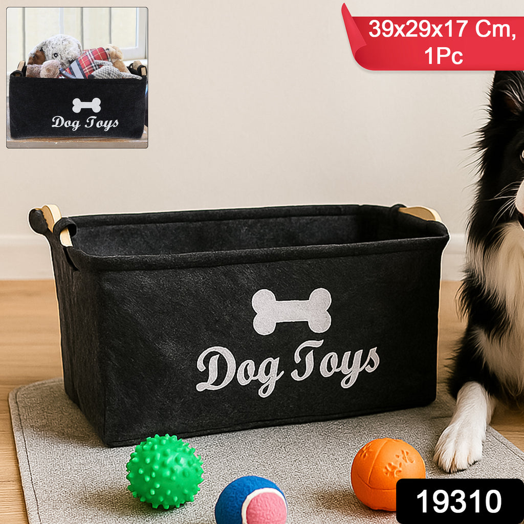 Felt Pet Toy Storage Basket with 'Dog Toys' print, shown upright in a living space.