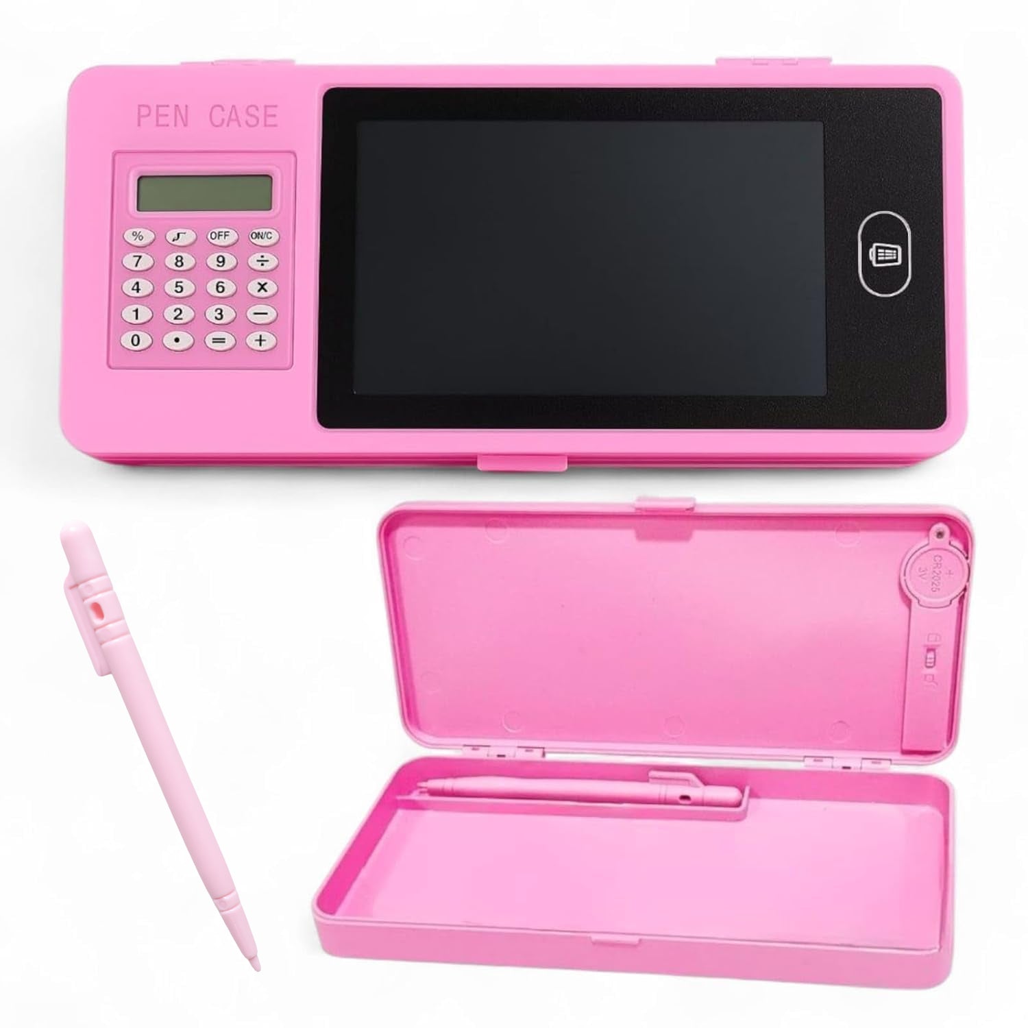 Close-up of built-in calculator on pencil case