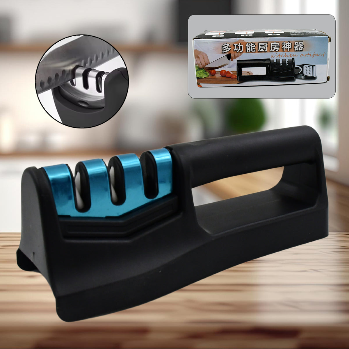 Graphic showing 3 sharpening stages with the knife sharpener