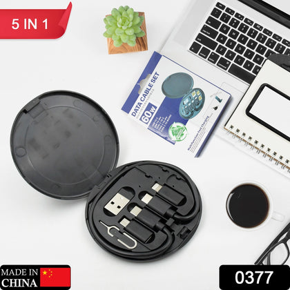 5-in-1 Mini Fast Charging Cable Set – Type-C, iPhone & Android Compatible Travel Data Kit