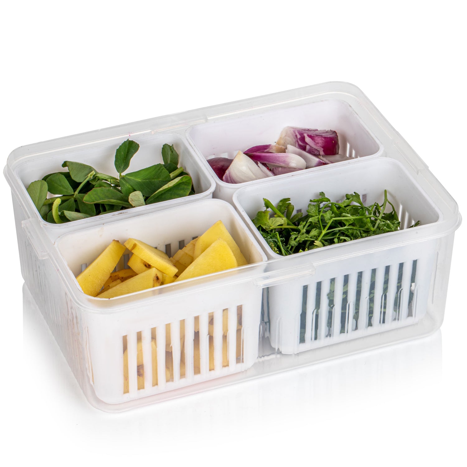 Fridge Storage Box – 4-Grid Vegetable Draining Crisper for Kitchen & Refrigerator