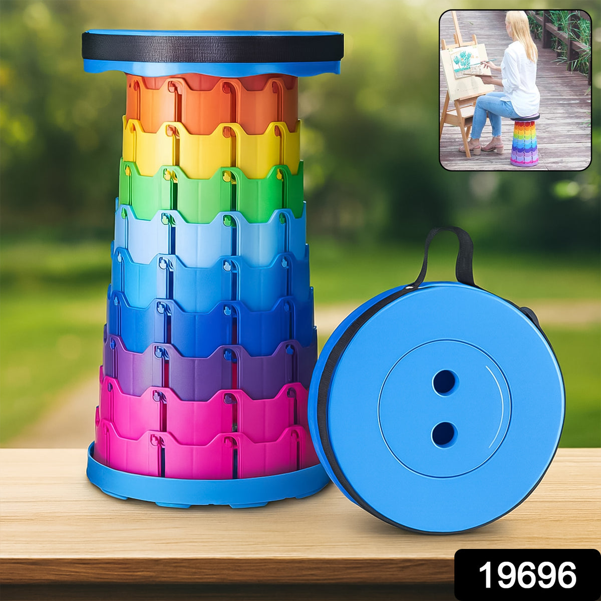Portable telescopic folding stool in its compact, disc shape with a carrying strap.