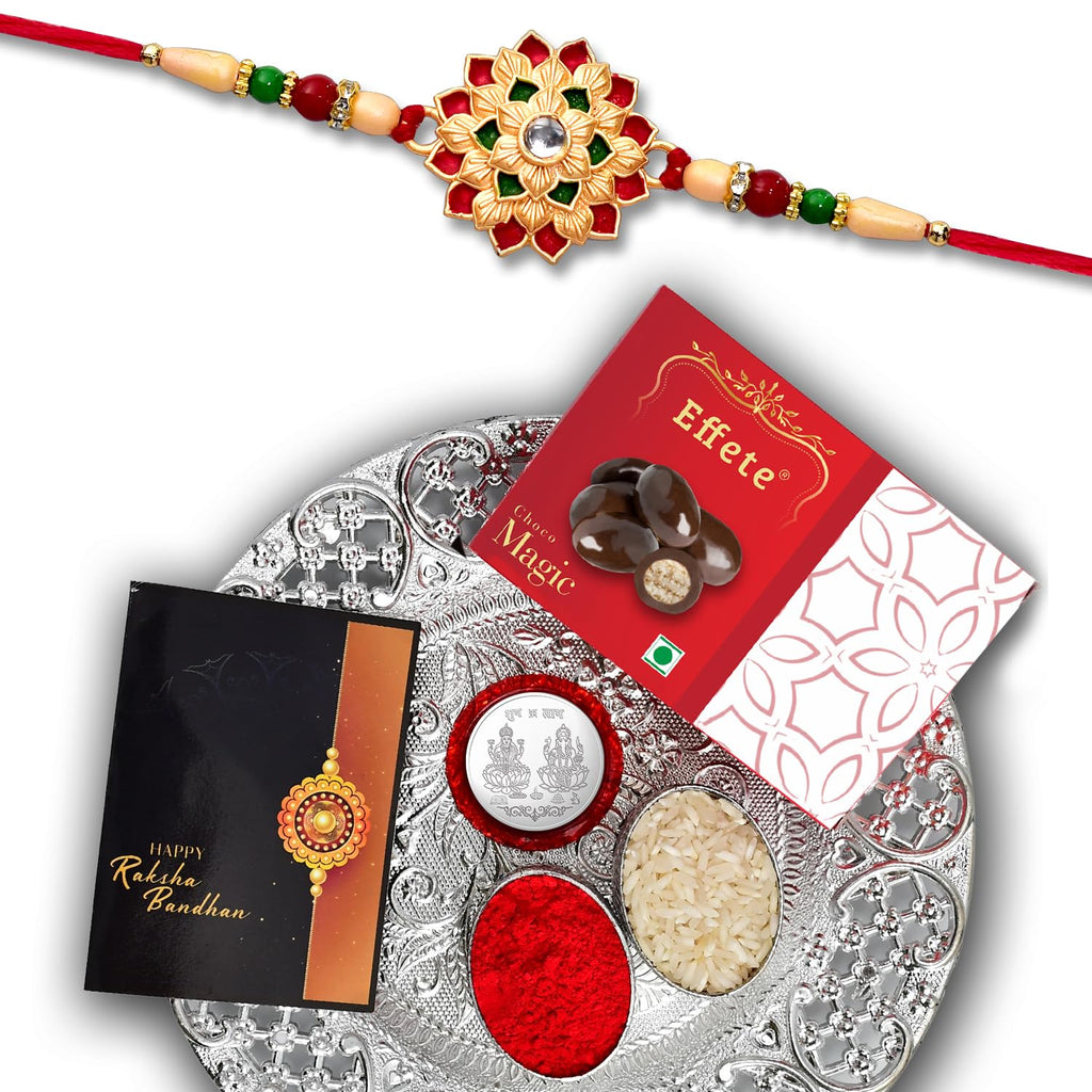 Close-up of the intricately designed fancy Rakhi bracelet with embellishments.