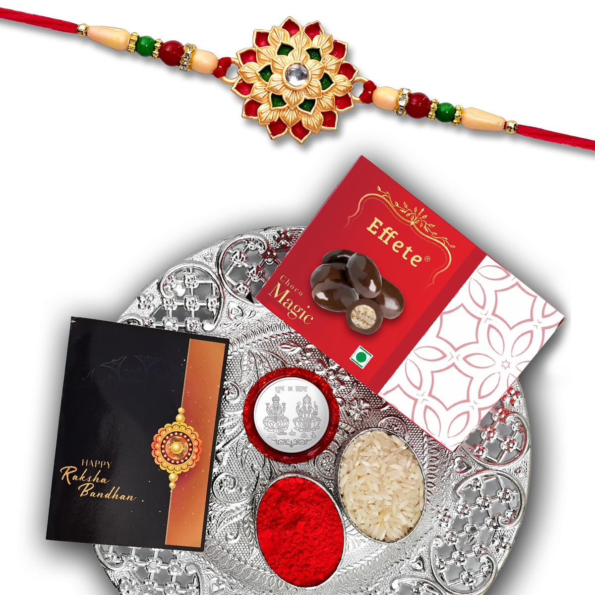 Close-up of the intricately designed fancy Rakhi bracelet with embellishments.