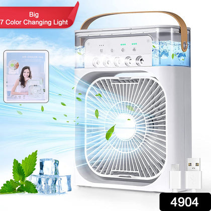 Portable mini air conditioner fan with 7-color LED light on a desk