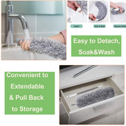 Multiple images showing a person cleaning the duster head under running water, soaking it in a bucket, and squeezing out