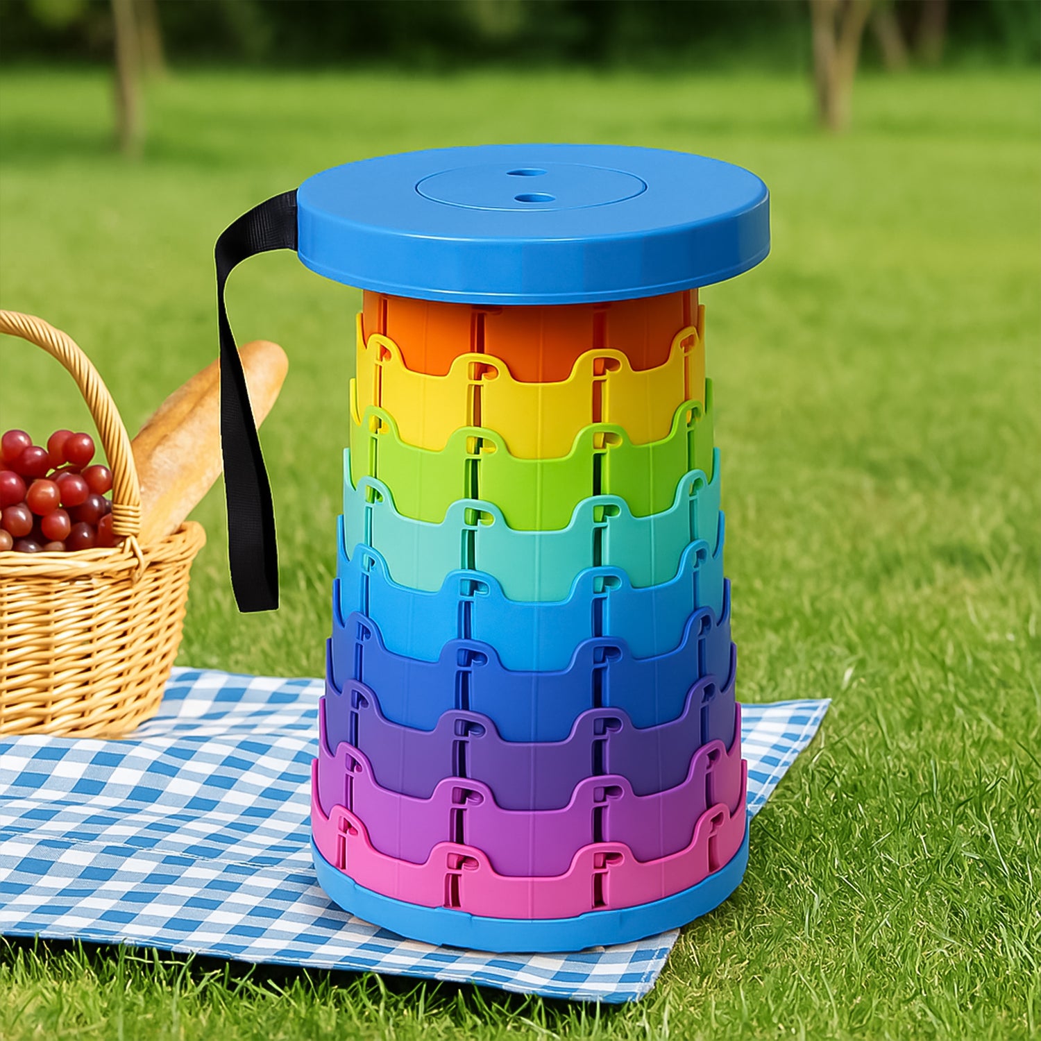 Rainbow-colored telescopic folding stool used as extra seating in a modern home interior.