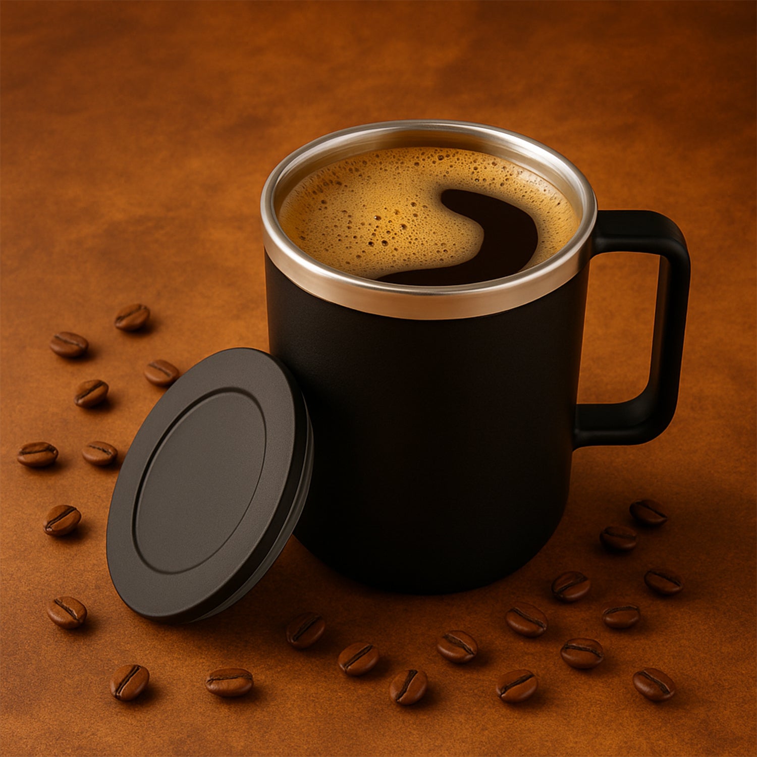 Top view showing wide mouth black Apex Happy Mug