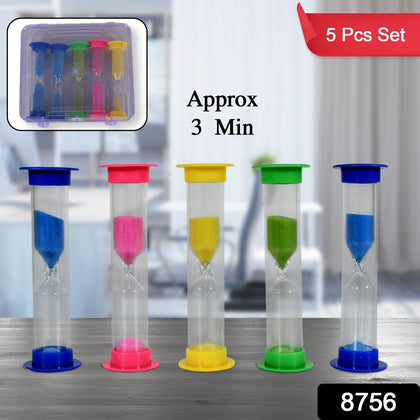 Set of 5 colorful 3-minute plastic sand timers with protective covers