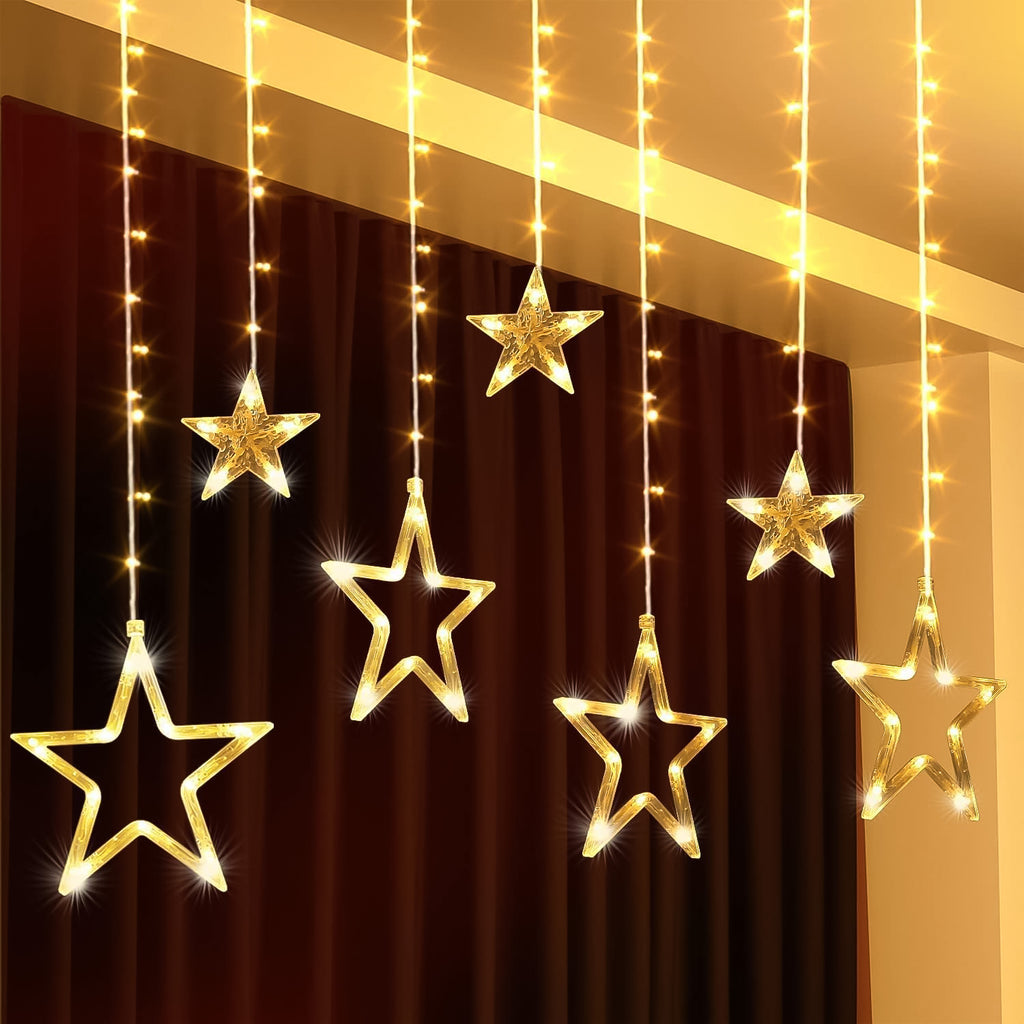 3385 12 Stars Led Curtain String Lights With 8 Flashing Modes For Home Decoration Diwali  Wedding Led Christmas Light Indoor And Outdoor Light Festival Decoration  (Warm White)
