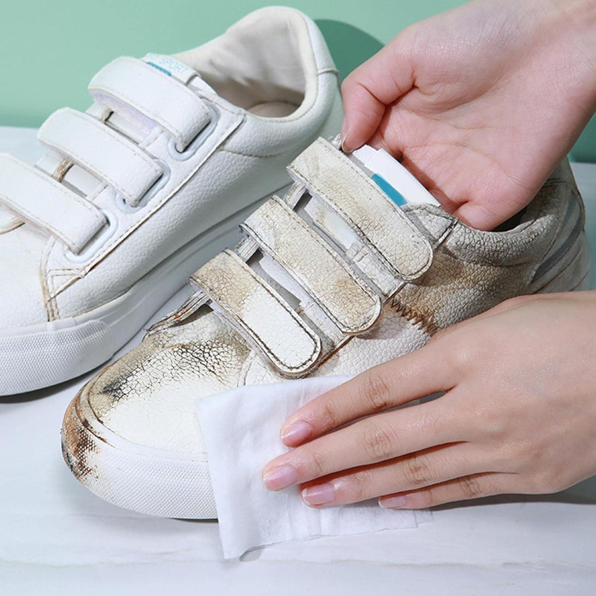 Sneaker before and after cleaning with wet wipes