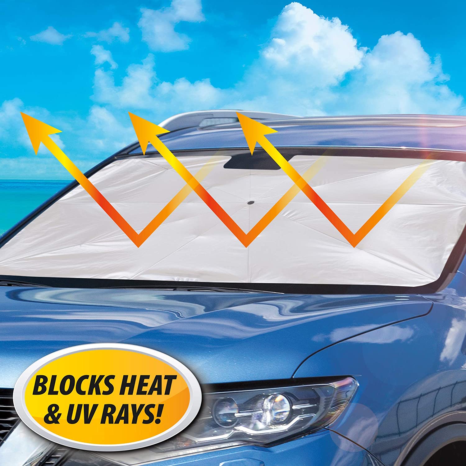 Car windshield umbrella protecting car interior from sun