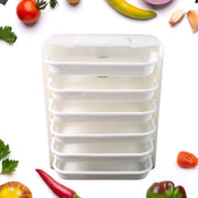 Plastic 6 layer food organizer rack showing dimensions