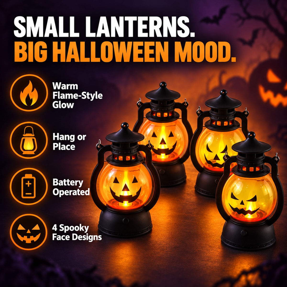 Mini Hanging Halloween Pumpkin Led Lantern Candles (4 Pc Set)