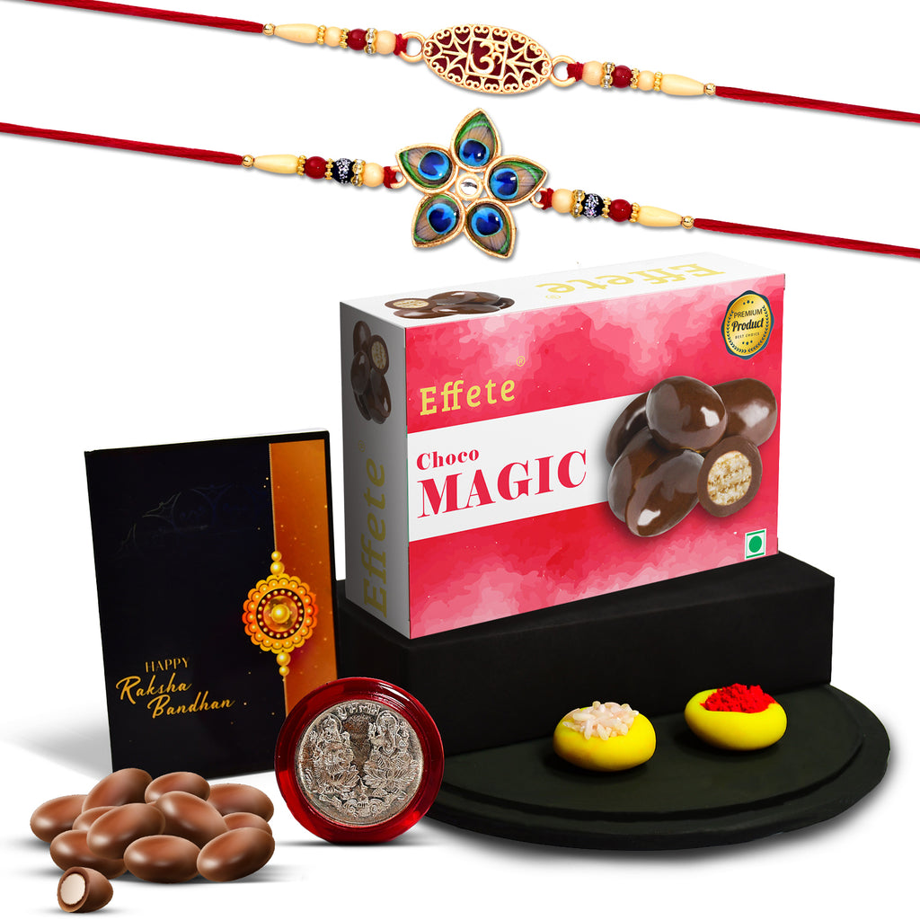 Close-up of an intricately designed fancy Rakhi bracelet, delicious chocolates, and a heartfelt greeting card.