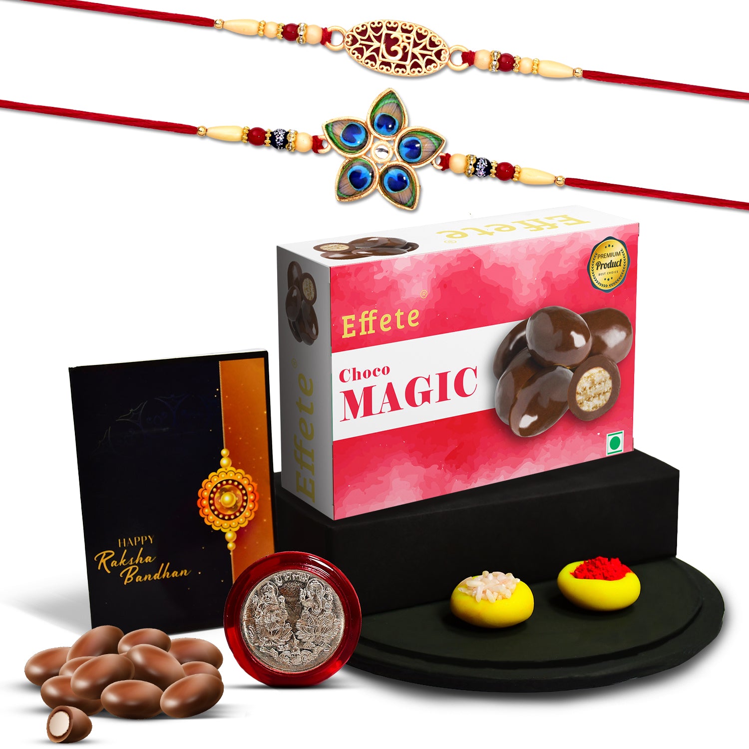 Close-up of an intricately designed fancy Rakhi bracelet, delicious chocolates, and a heartfelt greeting card.