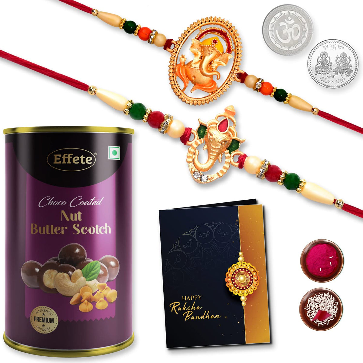Close-up of elegant Ganesha Rakhi bracelets for brothers.