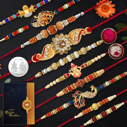 Set Of 10 Premium Designer Rakhi Combo For Brother  With Roli-chawal Greeting Card  Coin For Raksha Bandhan