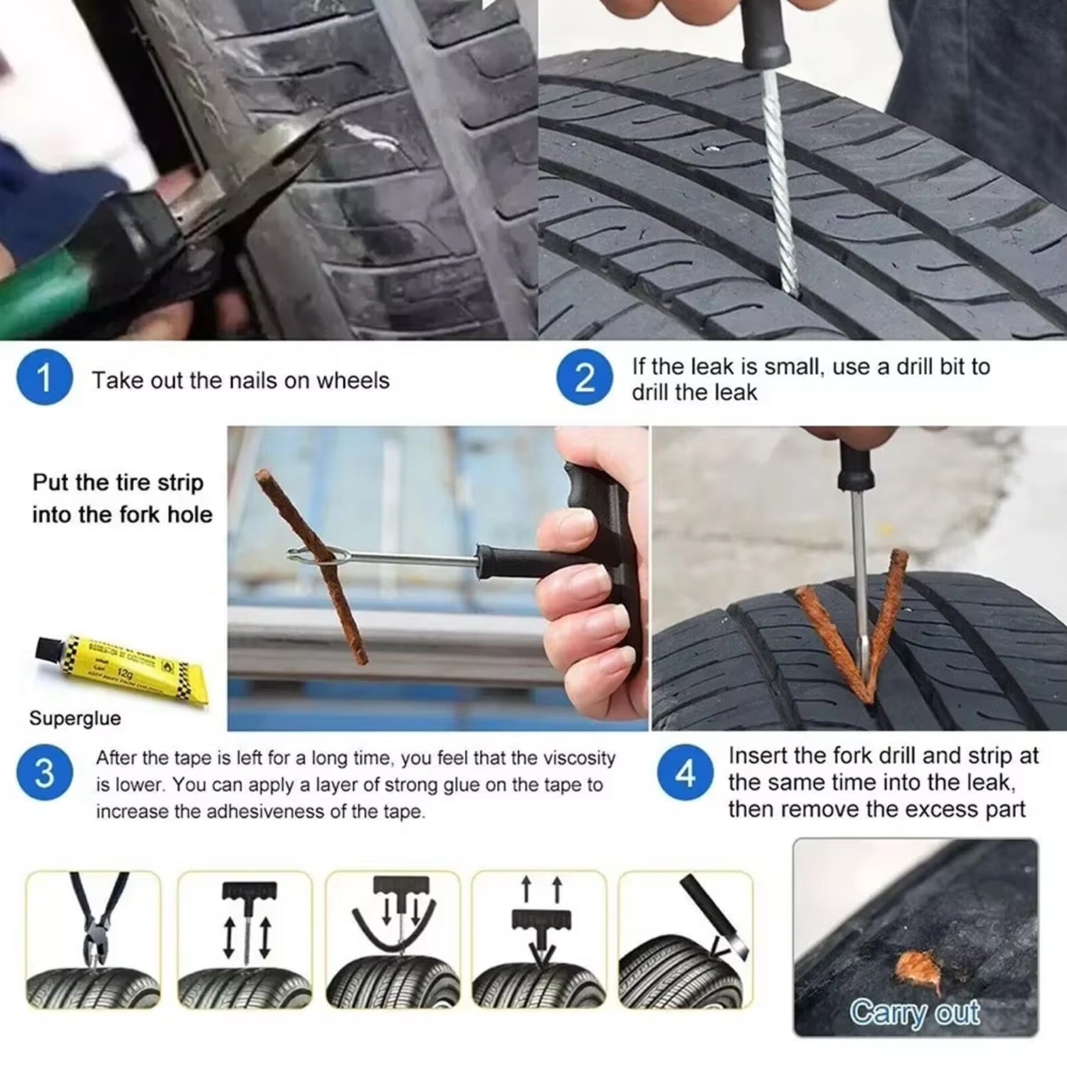 Three rubber seal strips for tyre puncture kit