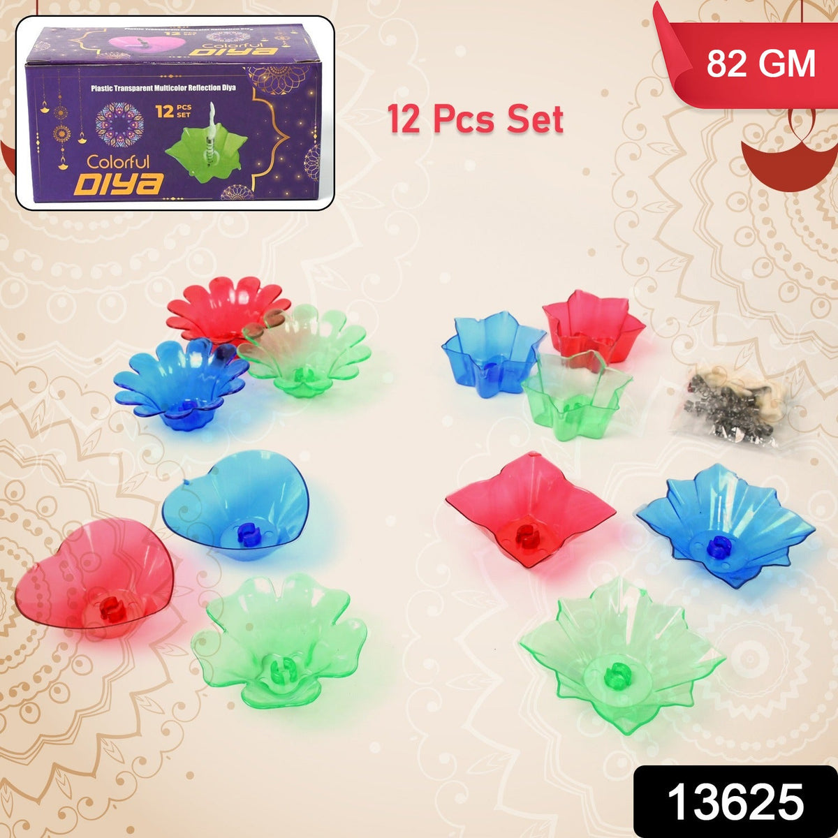 A vibrant set of multi-shape colourful reflection diyas, perfect for festive home decor.