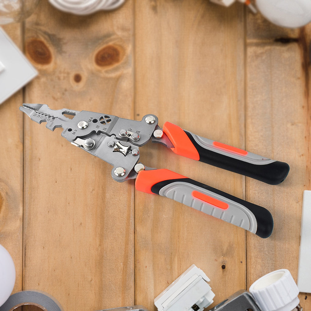 8-in-1 wire stripper pliers with soft grip cutting wire
