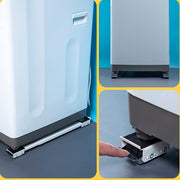 A close-up of a white washing machine on a silver roller base, with a finger pointing to the wheels and another inset
