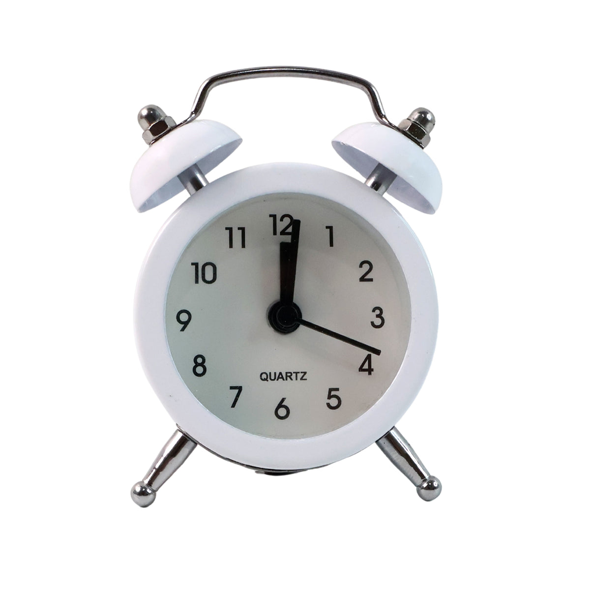 Side view of twin-bell alarm clock showing metal legs & hammer