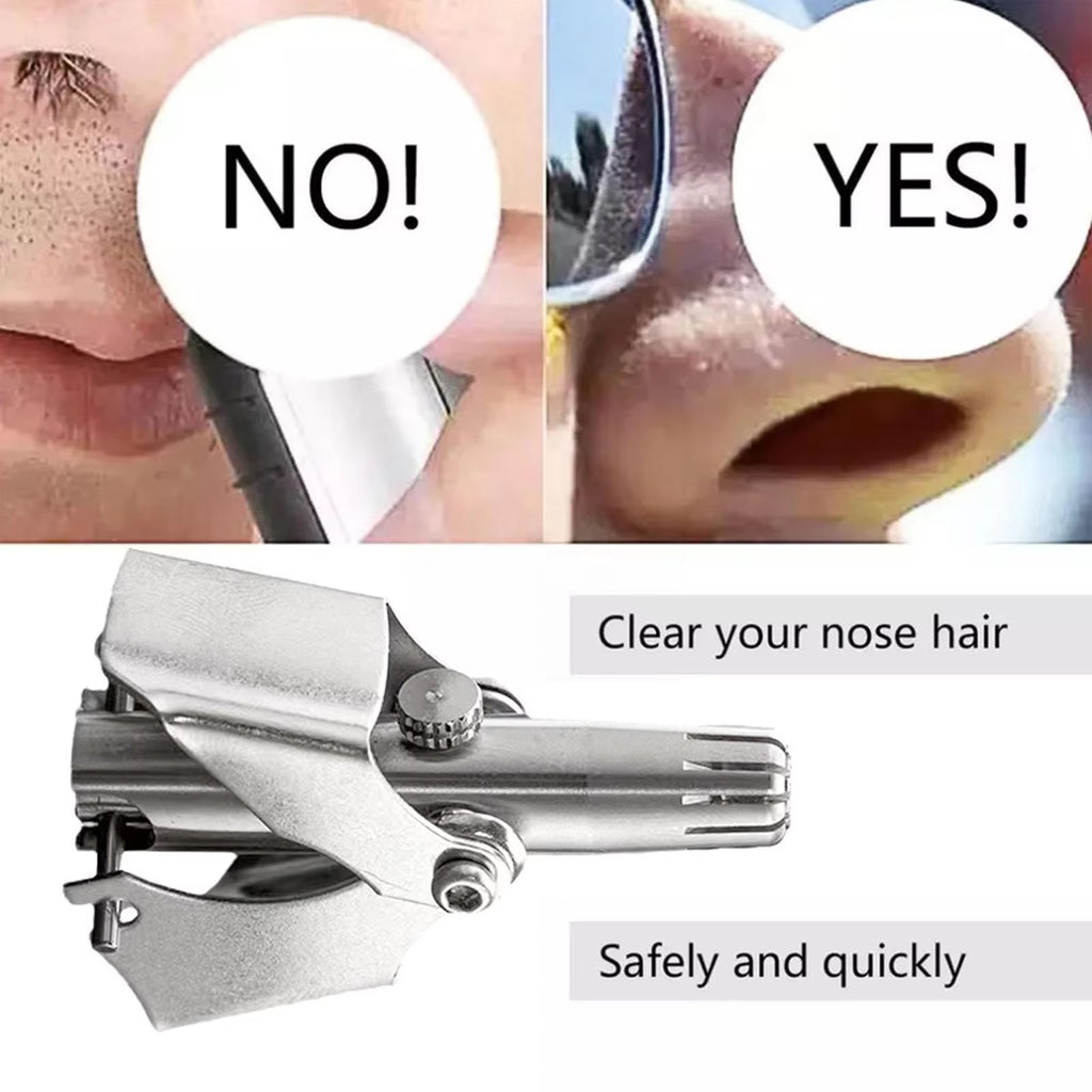 Hand holding stainless steel nose hair trimmer