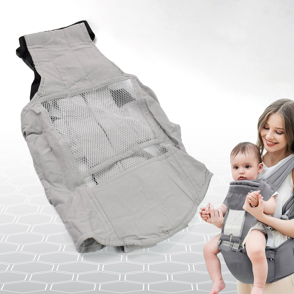 Baby comfortably seated in an ergonomic carrier with parent