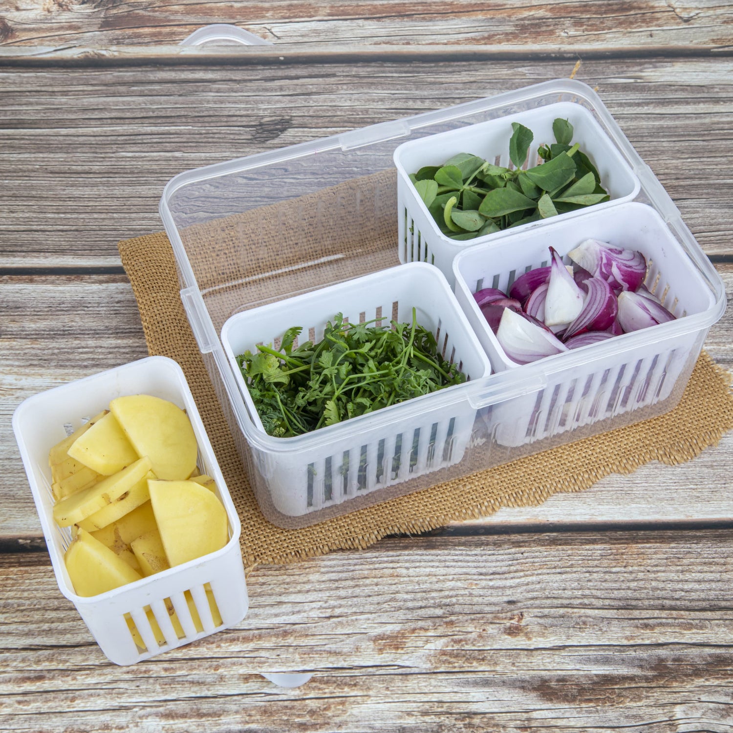 Fridge Storage Box – 4-Grid Vegetable Draining Crisper for Kitchen & Refrigerator