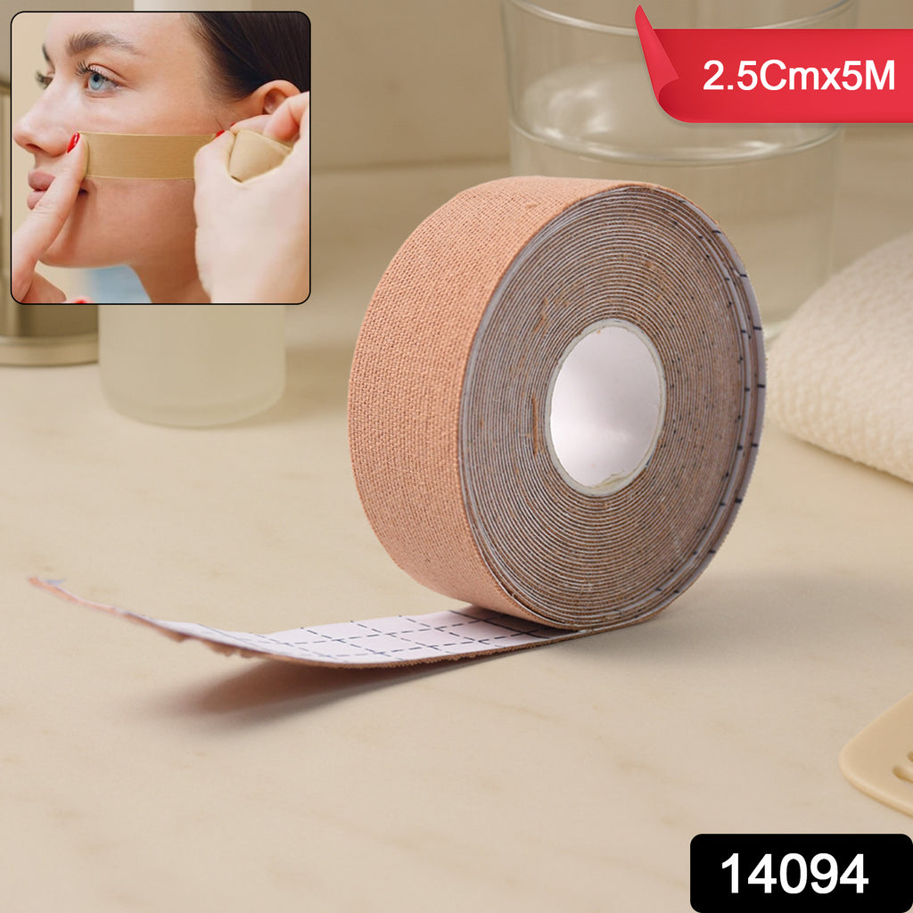 Close-up of face lifting tape roll with measuring tape on a white surface.