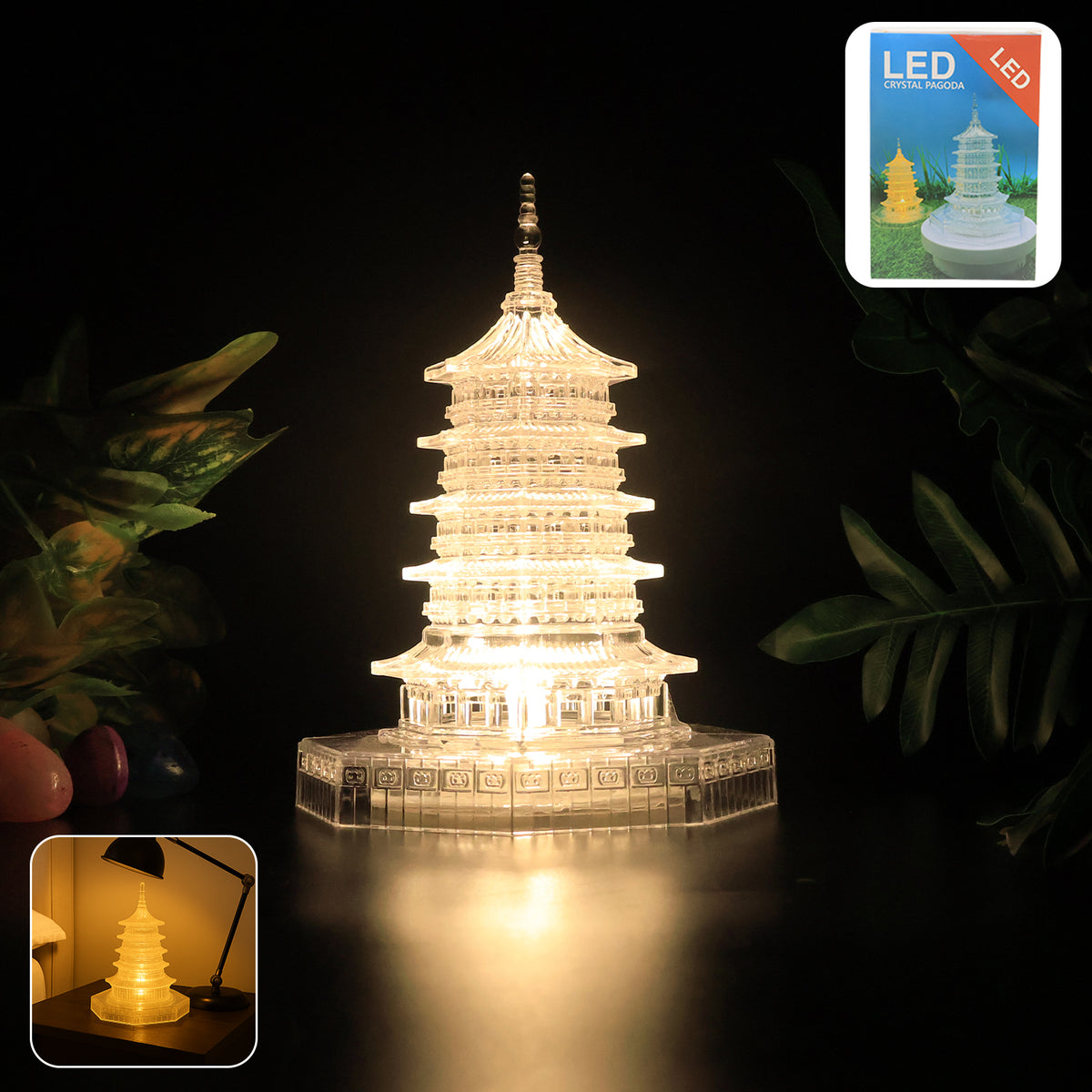 Decorative LED pagoda light illuminating a dark room with a warm ambiance