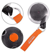 A black shopping bag is shown partially extended from its clear circular case, with close-ups of the orange button and