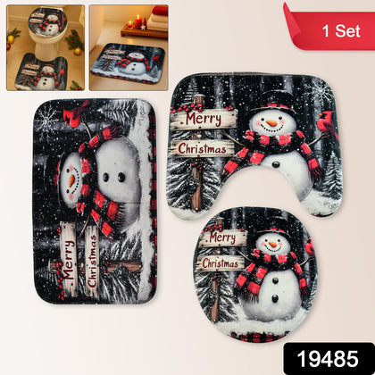 Christmas snowman 3-piece bathroom mat set displayed on a tile floor