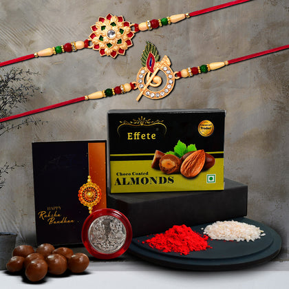 Premium Rakhi Gift Combo featuring traditional rakhi, choco almonds, and festive essentials.