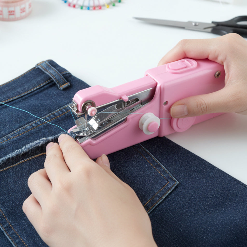 Handheld sewing machine showing needle & thread mechanism