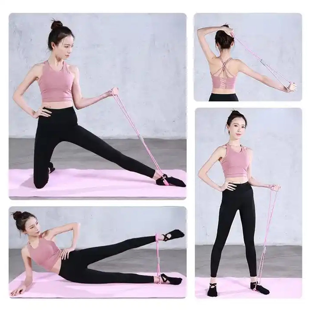 The durable rubber material of the resistance band stretching during an exercise.