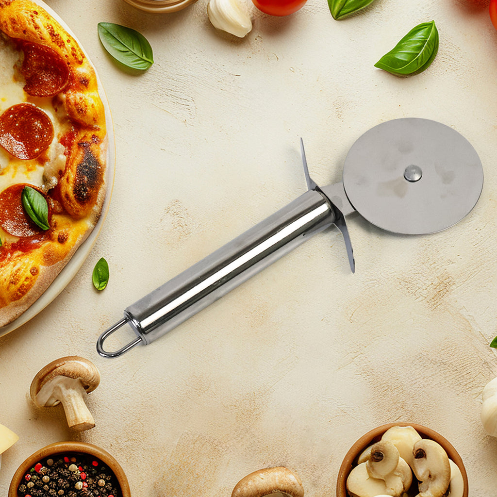 Detail view of the sharp stainless steel blade on pizza cutter