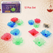 Close-up of the plastic reflection diyas showcasing various shapes and bright colours.