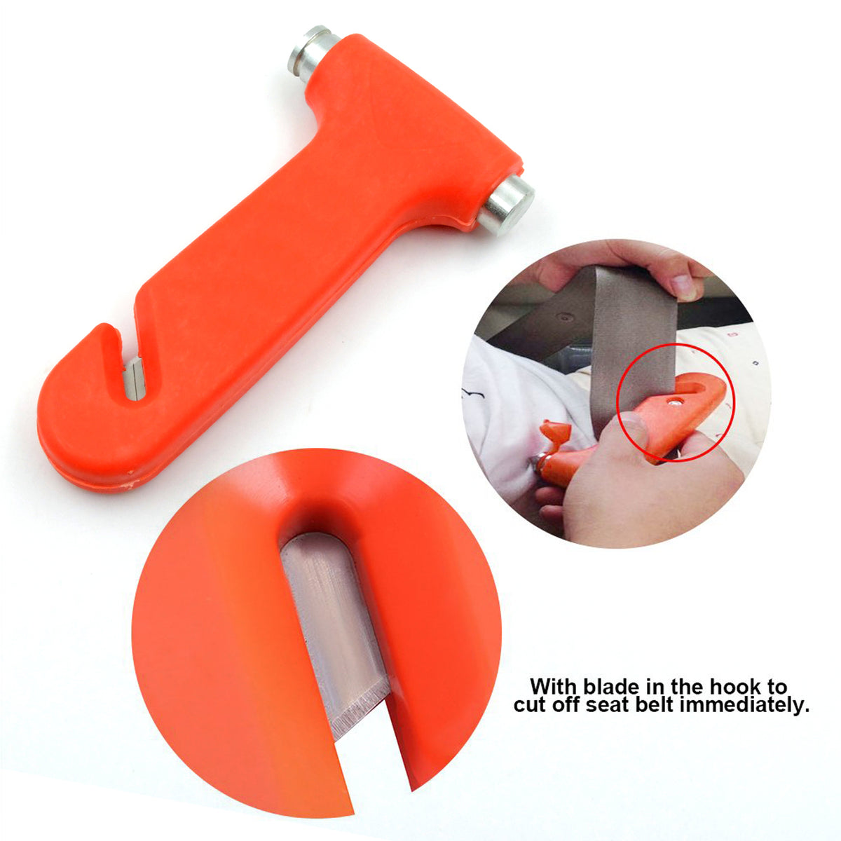 Car safety hammer demonstrating seat belt cutting function