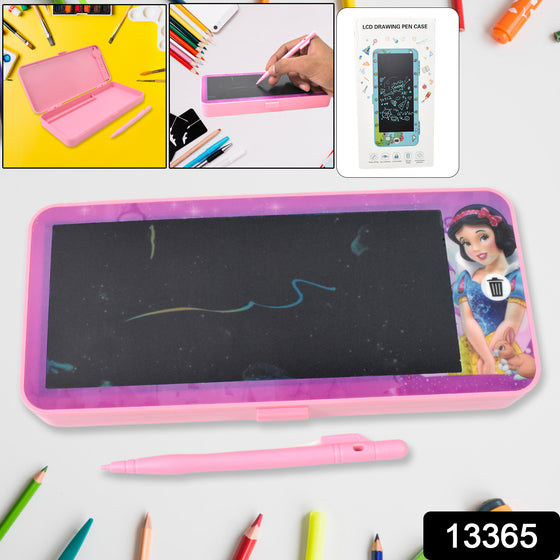 Pink LCD writing tablet pencil box with Snow White design and a matching stylus on a yellow surface with art supplies.