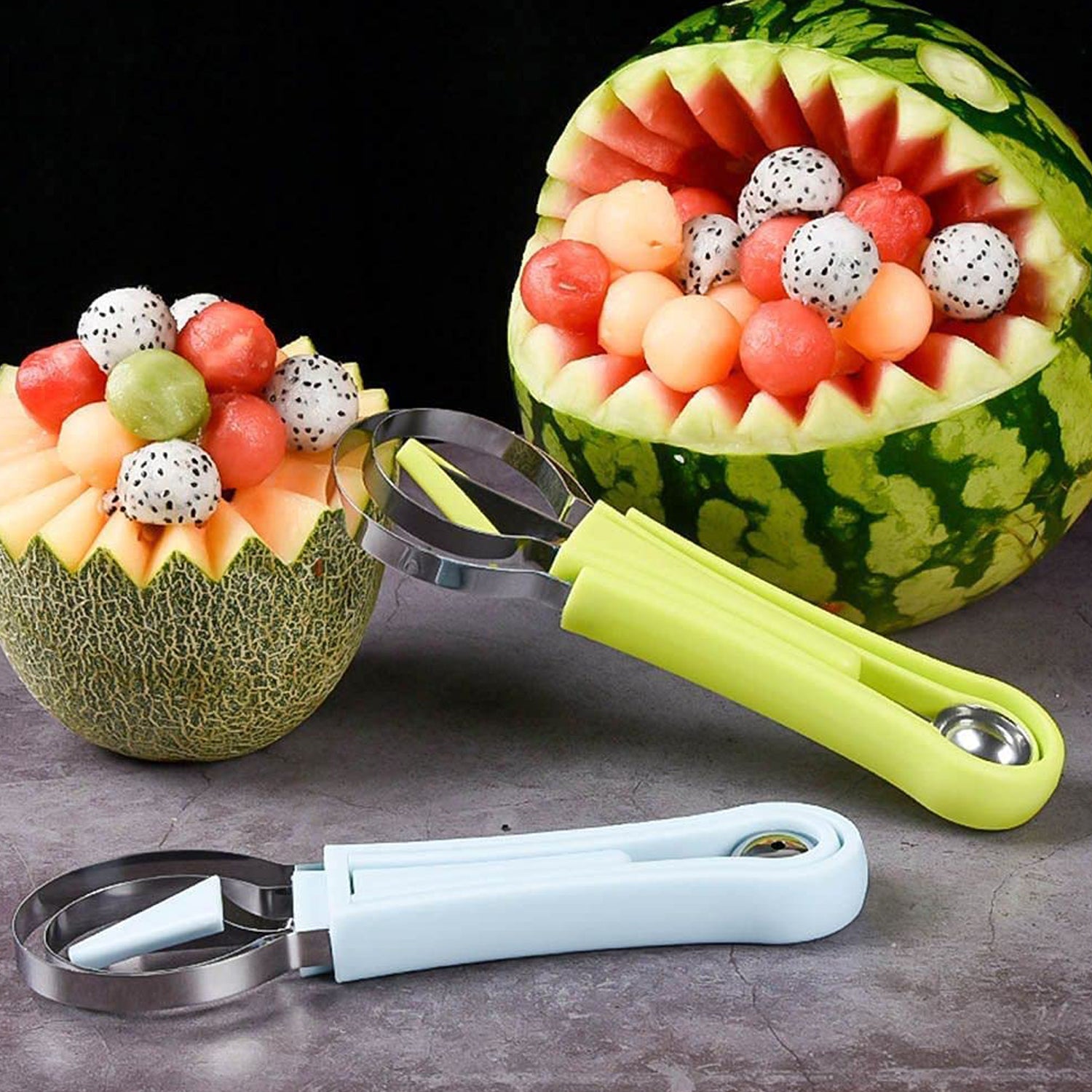 4-in-1 Stainless Steel Melon Baller & Fruit Scooper – Dual-Sided Seed Remover for Watermelon, Sorbet, and Desserts